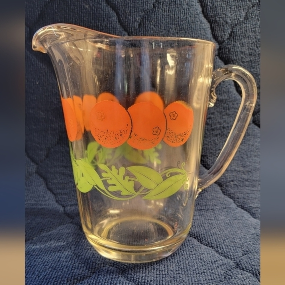Vintage clear glass juice‎ pitcher w/ oranges leaves